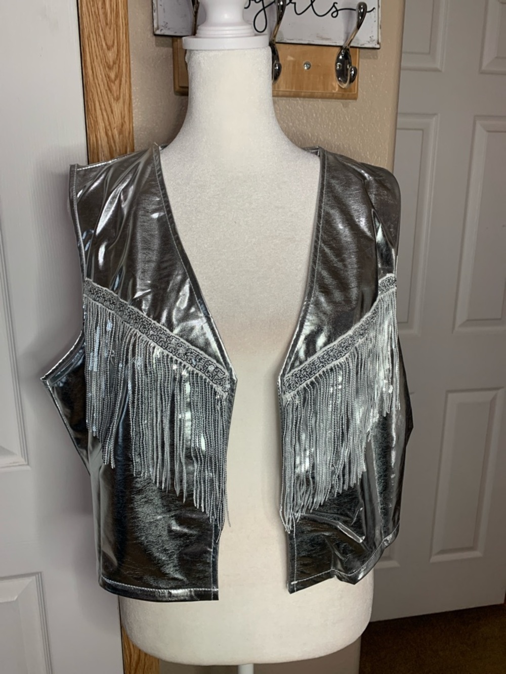 WESTERN Metallic Silver Fringe Open Front Cropped Vest